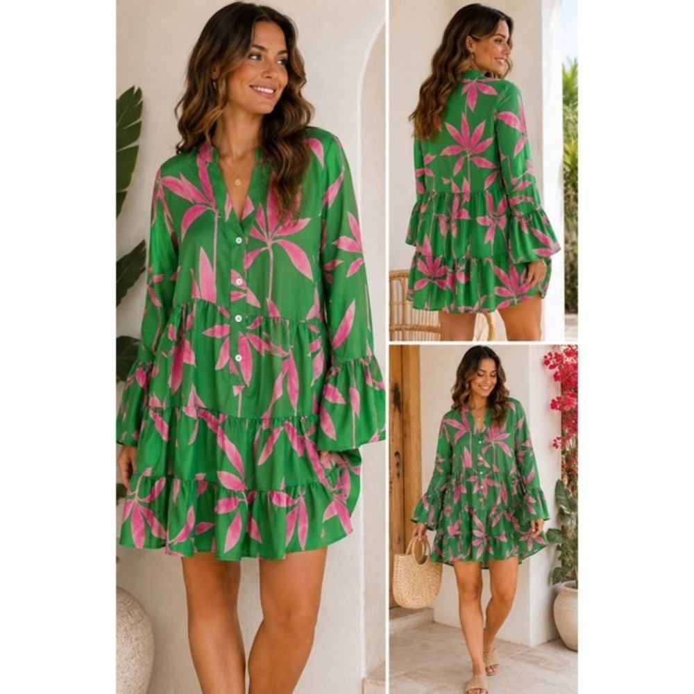 Tropical Floral Tiered Mini Dress Green Pink Boho Resort Cover Up NWOT Small